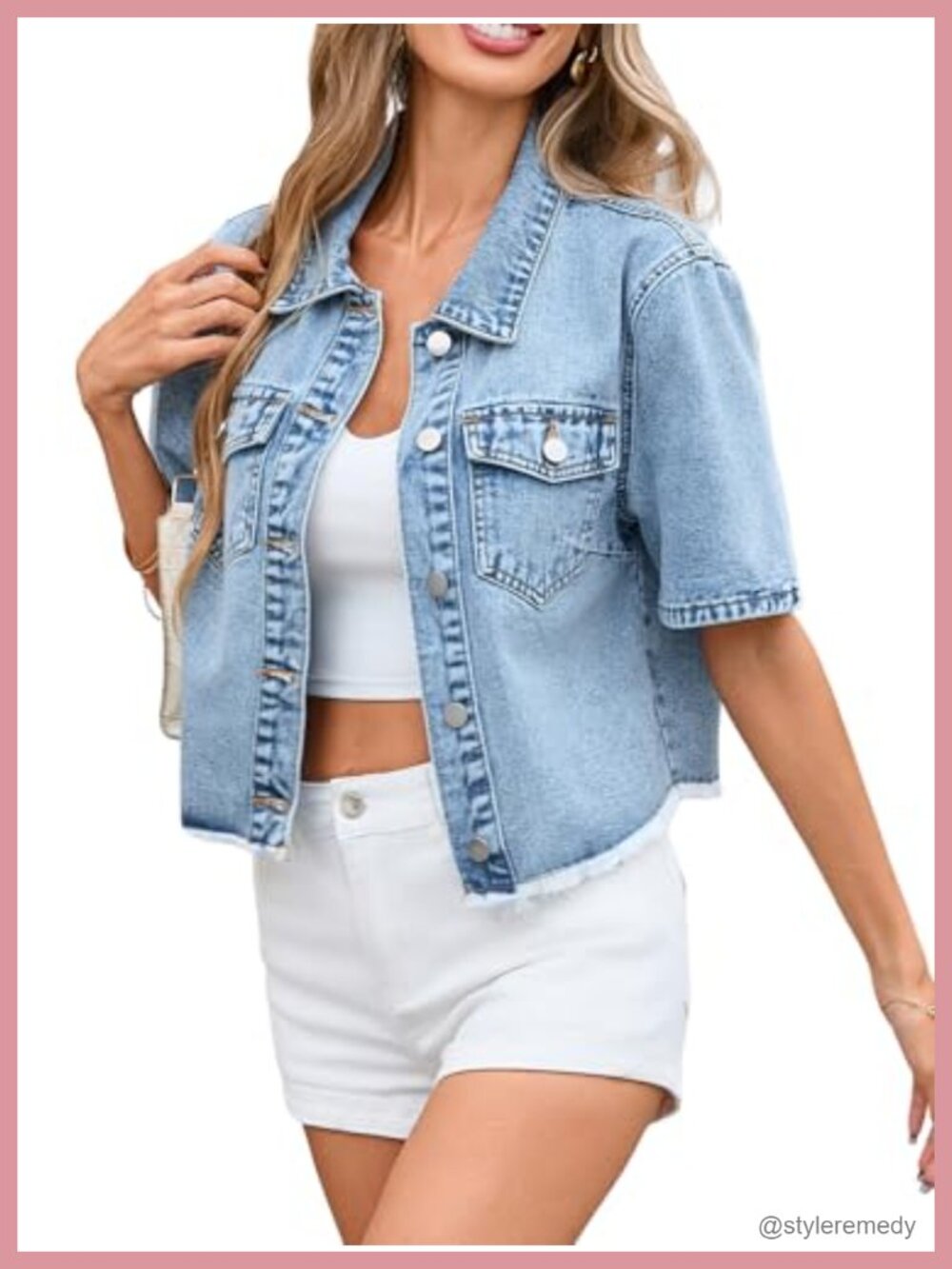 Womens Cropped Denim Jacket Short Sleeve Frayed Hem Casual Summer Jean Jacket